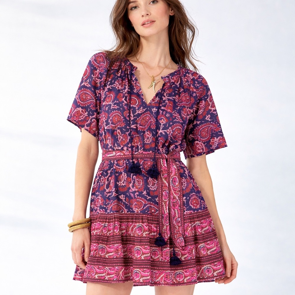 FIGUE Paisley Mini Dress Boho Tie Waist Tassel Cotton Pink Navy